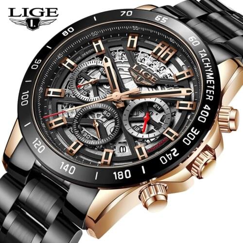 2021 New LIGE Top Brand Mens Sports Quartz Watches Stainless Steel Waterproof Chronograph Luxury Men Watches Reloj Hombre+Box