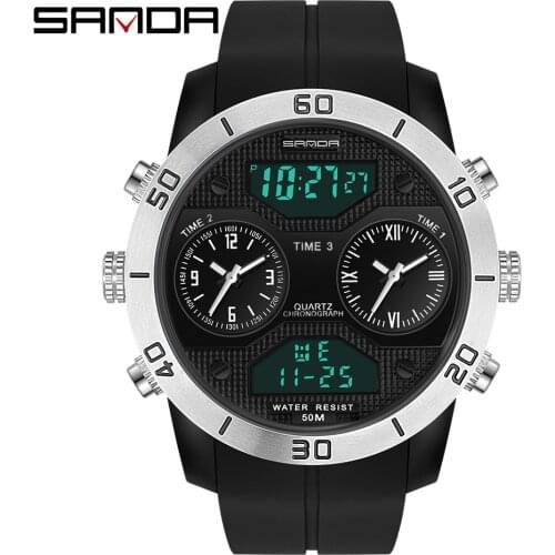 SANDA New Fashion Mens Watches Dual Display Quartz Wristwatch Waterproof Military Sport Watch for Male Clock relogios masculino