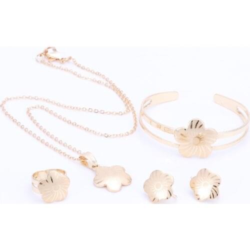 Gold Color Baby Jewelry Set Gift Children Flower Jewelry Sets Kids Jewellery Ring Earring Bracelet Pendant Necklace Jewelry Set