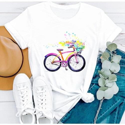 T Shirt Women White Bike Graphic Print Harajuku Designed Feamle T shirts Stylish Tops Short Sleeves Summer Tees Women Clothing