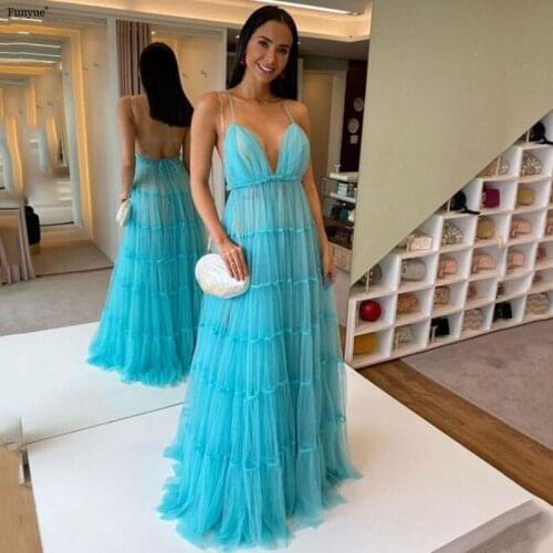 Fuyue Elegant Blue Prom Dresses 2021 New Arrival Sexy V-Neck Straps Backless Evening Party Gowns A-Line Tulle Vestidos De Fiesta