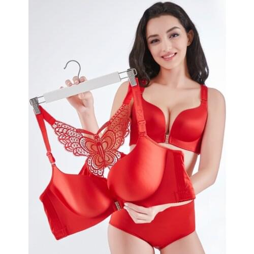 Glossy Butterfly Front Buckle Womens Hot Sale Sexy Push Up Large Size Bra Set