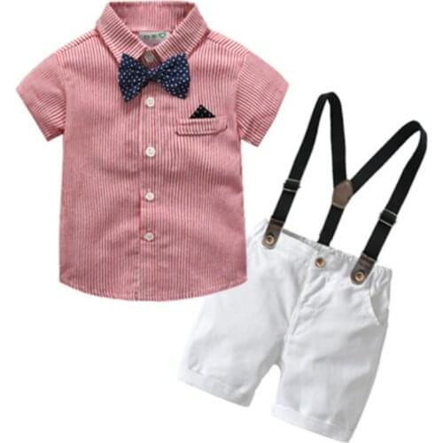 Summer Boy Clothes Gentleman Bow Tie Suspender Shorts Shirt Suit Birthday Party Party Wedding Costume Childrens Suit