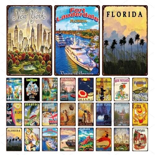 Tourist City Metal Tin Sign New York Cuba London Paris Classical Architecture Retro Plaque Home Decoration Bar Pub Iron Painting