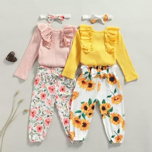 1-5Y Girls Fashion Clothing Sets Autumn Kid Baby Girls Ribbed Long Sleeve Tops+Floral Pants+Headband Casual Clothes Outfits