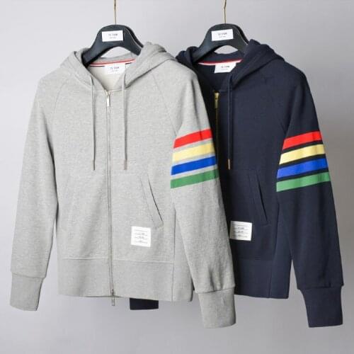 2021 Fashion TB THOM Brand Spring Autumn Hooded Clothing Color Stripes Jacket Men Sweatshirts Hoodies Casual Sportswear Coat
