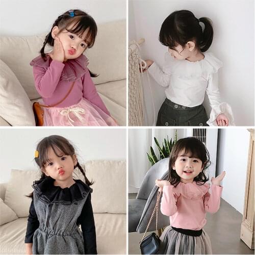 Girls' New Autumn Dress Pure Cotton Long Sleeve T-shirt Lace Collar Princess Bottomed Shirt Girl Baby Solid Color Clothes
