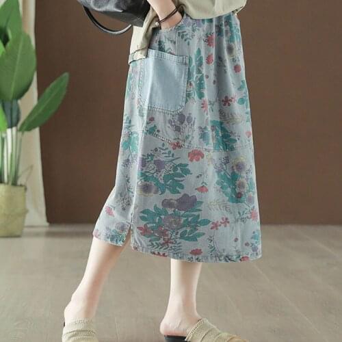 New Fashion Denim Casual Skirts Female Beautiful Printing Flower Elastic Waist High Waist Skirts Woman Loose Plus Size Skirts