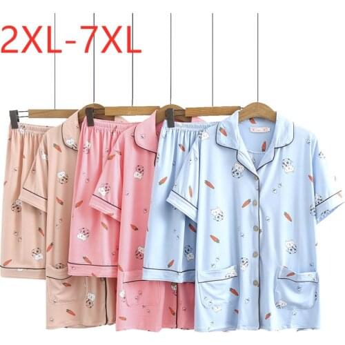 New 2021 Ladies Summer Plus Size Pajamas For Women Short Sleeve Cotton Print Shirt And Shorts Home Wear Suit 3XL 4XL 5XL 6XL 7XL