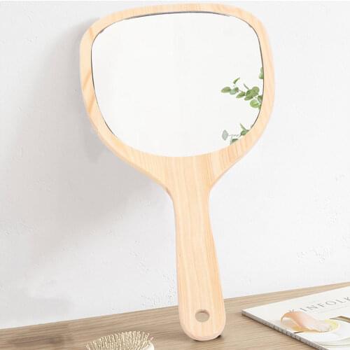 Portable Makeup Mirror Wood Handle Creative Travel Cosmetic Mirror