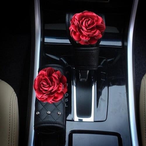 Crystal Red Rose Flower Car Handbrake Cover Gear Shifter Knob Cover Rhinestone Leather Auto Car Accessories for Girls