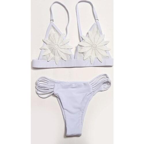 2020 Sale Embroidered Flower Bikini Set New Hollow Out Biquinis Thong Brazilian Yellow Swimsuit Swimwear Beachwear