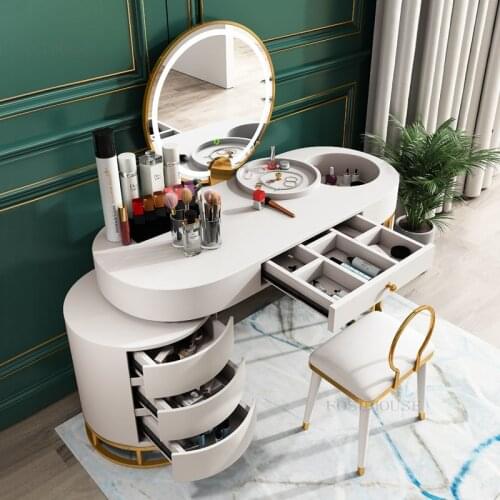Nordic Storage Dressers Minimalist Modern Bedroom Furniture LED Light Mirror Dressing Table Mini Bay Window Bedroom Dresser