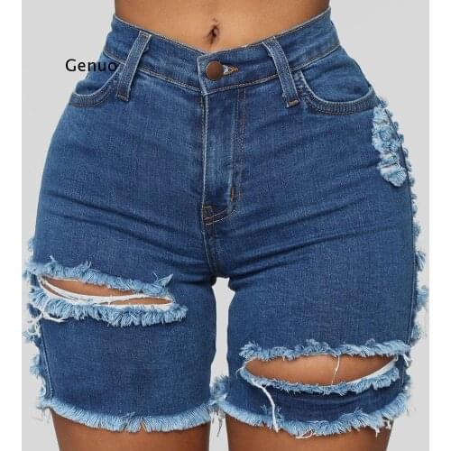 Women Summer Shorts Jeans Hole High Waist Casual Zipper Fly Knee Jeans High Street Wear Denim Shorts Fashion Shorts