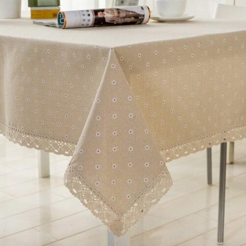 Flower Pattern Tablecloth Linen Cotton Table Cloth with Lace Dining Table Cover A1