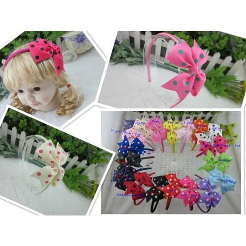 High Quality 3.5inch Grosgrain Ribbon Polka Dot Hair Bow with Satin Girls Hairband for Kids Children Hair Accessories 18pcs/lot
