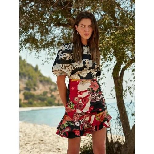 Women Dark Brown Floral Printed Short Ruffled Skirt Spring Summer Beach Holiday Casual Bohemian Style 2021 New Collection