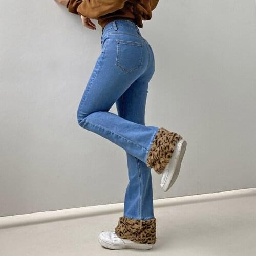 Womens Korean Style Slim Fitting Jeans Leopard Patchwork Hem High Waist Trendy Wild Chic Casual Denim Pants Trousers