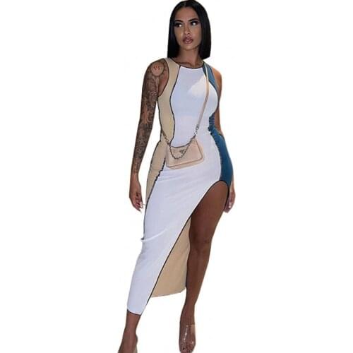 Irregular Maxi Dress Women Sleeveless O Neck High Split Robes Fashion Patchwork Summer New Elegant Sexy Clubwear Outfits Dresses
