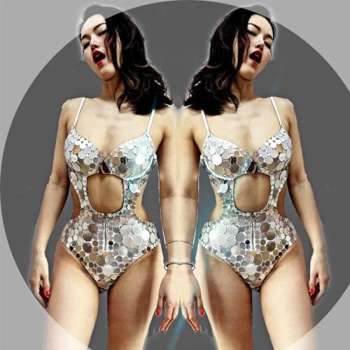 Silver Mirrored Bodysuit Hollow Out Swimmsuit Jazz Costumes Women Pole Dance Clothing Stage Wear Festival Rave Outfits XS2308