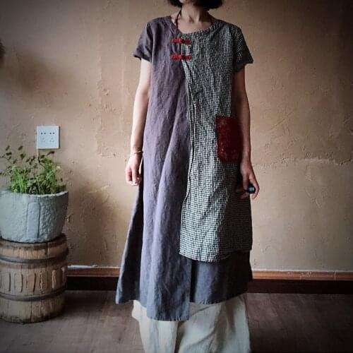 Johnature Women Patchwork Dress Casual O-neck Plaid Short Sleeve 2021 Summer New Linen Vintage Packet Fake 2 Pieces Dresses