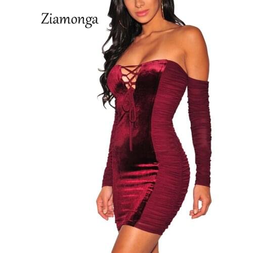 Ziamonga Autumn Winter Bodycon Velvet Dress Women Sexy Party Dresses 2018 Fashion Hollow Lace Up Female Dress Bandage Vestidos