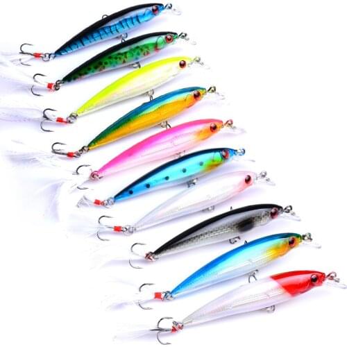 10PC 9cm 7.2g Minnow Fishing Lures Artificial Hard Bait with Feather Wobblers Quality Crankbaits 6# Hook 3D Eyes Pesca Tackle