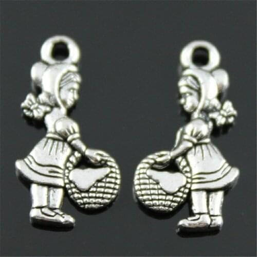 20pcs Charm Girl Little Girl Picking Mushrooms Charms Antique Silver Color Girl With Basket Charms 11x21mm