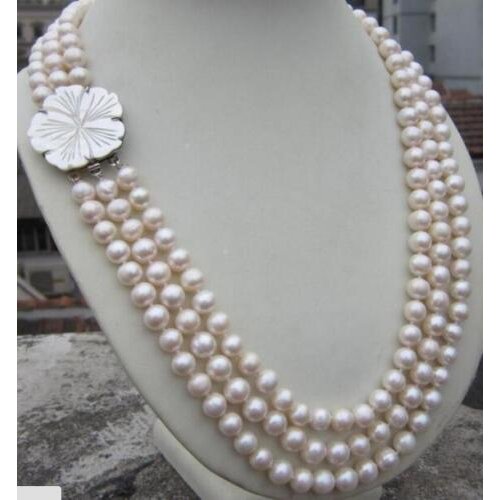 3 ROW 9-10MM natural south sea white Pearl Necklace 20-22"