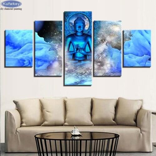 5D DIY Diamond Painting 5 Pieces Blue Buddha cross stitch Religion Full Square Diamond Embroidery for Home Decoration Needlework