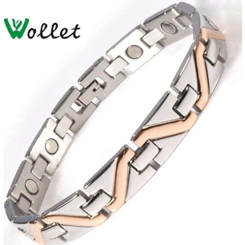 Wollet Jewelry 22cm Stainless Steel Magnetic Bracelet Bangle for Men Women Rose Gold Color Health Care One Row 5 In 1 All Magnet