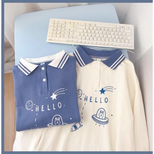 Harajuku aesthetic rabbit anime t-shirt women korean kawaii spring autumn long sleeve turn down collar plus oversize clothes top