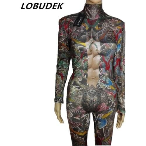 Sexy jumpsuit 3D Printing leotard elastic rompers Nightclub singer dancer performance clothing Role costumes prom party show