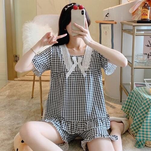 Female Sleep Two Piece Set Female short sleeved Cute Loungewear Womens Cotton Pajamas Pyjamas Set ladies Sleepwear Pijama Suit