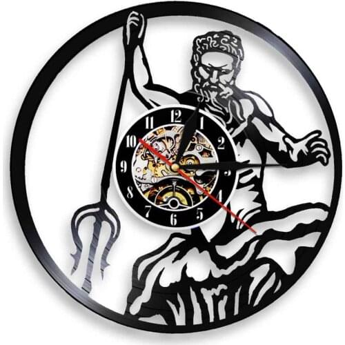 Poseidon Greek Mythology Neptune Silhouette Shadow Vinyl Record Wall Clock Myth Greece Sea God Hanging Watches Conchology Decor