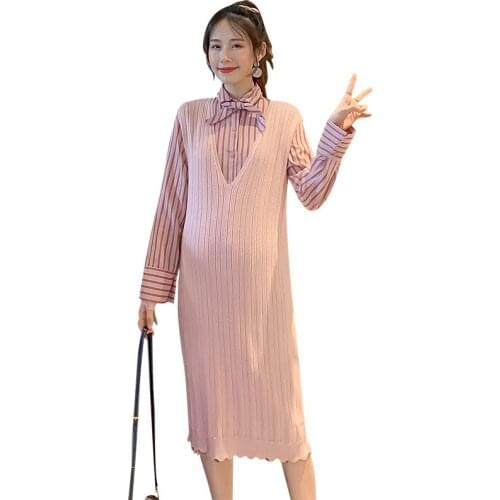 Pregnant WOMENS Fall And Winter Clothes New Style Sweater Vest Skirt Suit Mid-length Sweater Dress + Shirt Two-Piece Set