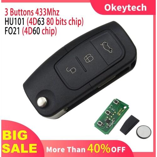 Okeytech 3 Button 433MHz Flip Car Remote Key For Ford Fusion Focus Mondeo Fiesta Galaxy HU101 4D63 Chip FO21 4D60 Chip Auto Key
