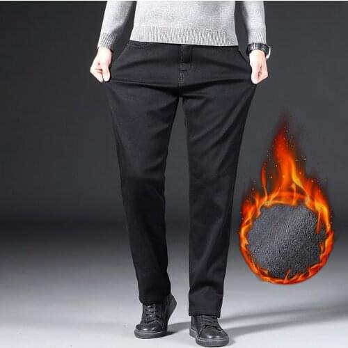 2021 Brand Thicken Warm Regular Fit Stretch Denim Straight Trousers Male Winter Mens Fleece Black Jeans Business Casual