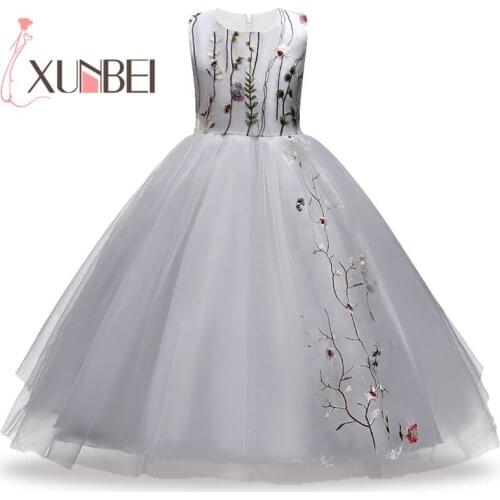Knee Length Princess Puffy Embroidery Flower Girl Dresses Tulle Girls Party Gown Pageant Dresses First Communion Dresses