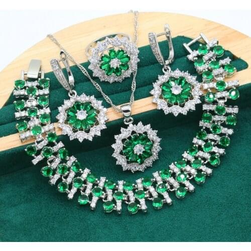 Dubai Luxurious Silver Color Wedding Jewelry Set for Women Green Zircon Bracelet Earrings Necklace Pendant Ring Christmas Gift