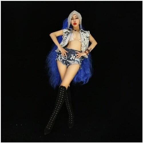 Rhinestone pearl vest Party ballroom stage dance costumes singer perform dress jeans dj short Denim shorts disco wears rave