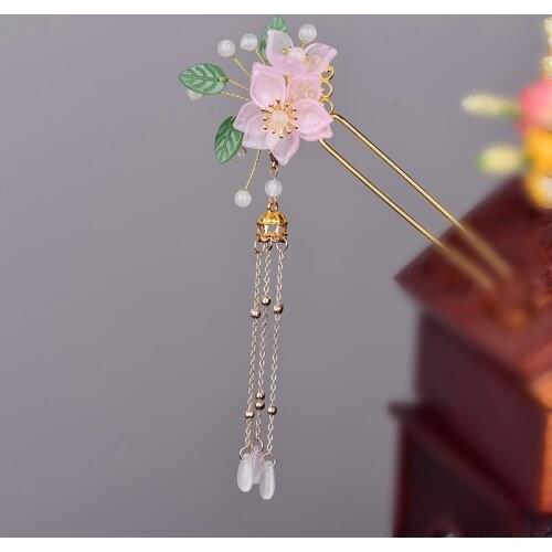 Temperamental Cute Coloured Glaze Flower Hair Fork Classical Elegant Long Tassel Princess Step Shake Super Fairy Jewelry