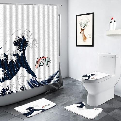 Ukiyo-e Sea Waves Koi Shower Curtain Carp Fuji Mount Ocean Scenery Bathroom Decor Carpet Non-slip Foot Mat Toilet Bath Mats Set
