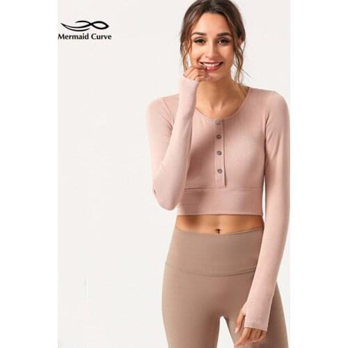 Mermaid Curve 2020 Spring New Dry Quick Gym Running Yoga T-Shirt Women Button Design Tight Long Sleeve Sports T-Shirt With Pad