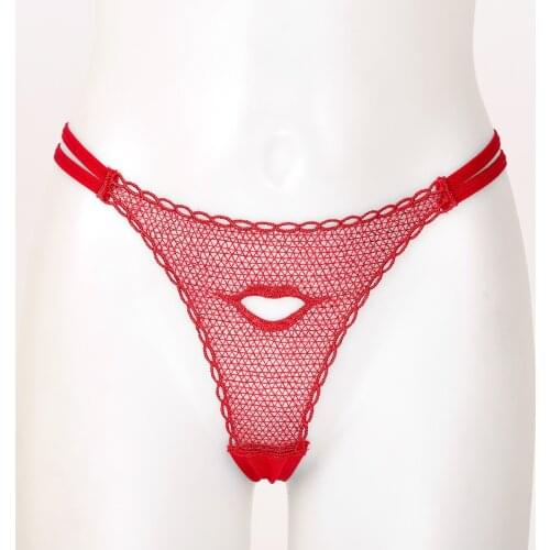Women Hollow Out Lip Embroidery Lingerie G-String Thong Panty Underwear Sexy Exotic Mesh Low Waist See-Through T-Back Panties