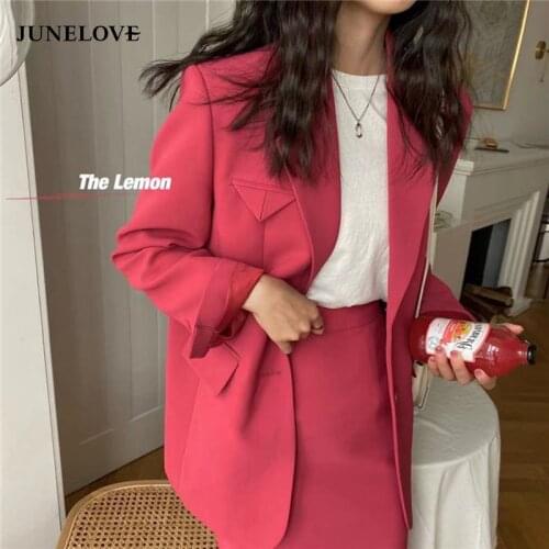 JuneLove 2021 Spring Suits Single Breasted Blazer+Midi Skirts 2 Pieces Sets Women Suits Office Lady Skirt Suits Korean Fashion