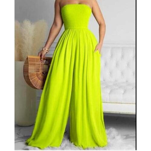 VAZN 2021 Top Quality Plus Size Sweet Holiday Chiffon Wide Leg Jumpsuits Solid Strapless Sexy Young Free Women Jumpsuits