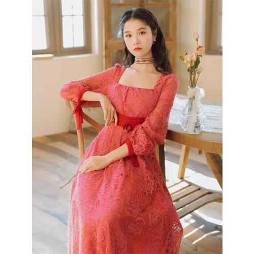 French Retro Dress Women 2020 New Square Ccollar Waist Fairy Temperament Bottoming Lace Dress Female Autumn Formal Dress