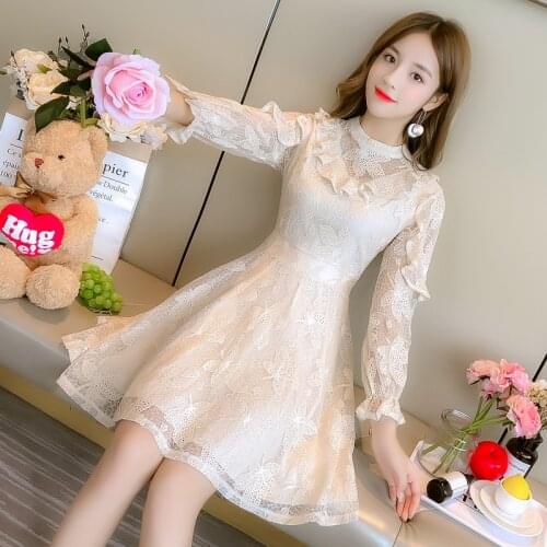 Women Dress Vintage Ruffles Lace Long Sleeve Dress 2020 Spring A-line Japanese Sweet Style Sexy Ladies Party Casual Mini Dress