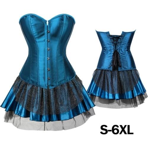 Womens Sexy Gothic Victorian Corset Dress Overbust Corsets and Bustiers Skirt Party Dresses Waist Trainer Set Plus Size 6XL